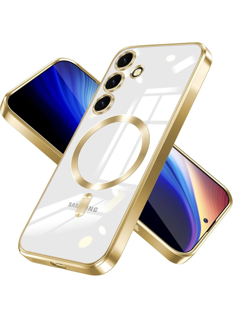 جراب مغناطيسي لهاتف سامسونج جالاكسي A15 4G/5G، متوافق مع MagSafe، مزود بواقي عدسة كاميرا مدمج، غطاء فاخر مطلي بمادة TPU ناعمة وشفافة مقاومة للصدمات - ذهبي. - Image 1